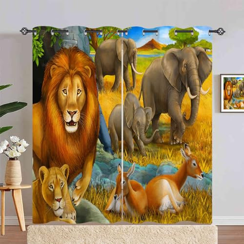ANHOPE Safari Tier Löwe Elefant Hirsch Blickdichte Gardinen mit Ösen Kinder Jungen Mädchen Thermo Vorhänge Wohnzimmer Schlafzimmer Verdunklungsvorhänge 2er Set H 229 x B 140 cm