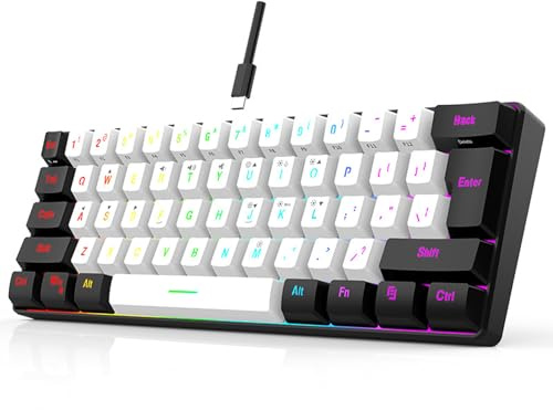 Denash RGB Gaming Teclado, Teclado Mecánico 60% Layout, Mini Teclado Mecánico de Juego de 61 Teclas, Teclado Compacto Portátil para Oficina y Juego, Desmontable por Cable (Blanco)