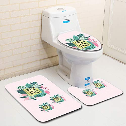 Bad Teppiche Set 3-Teiliges Rosa Flamingoblätter WC Vorleger Mit Ausschnitt Badematte Saugfähig WC Deckelbezug Badvorleger rutschfest Waschbar Toilettensitzbezug Badgarnitur (45x75cm)