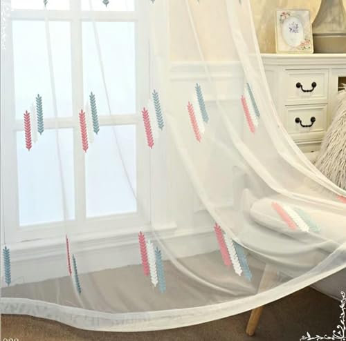 Vorhänge Lichtdurchlässig Weiß 107x115CM, Gardinen Schlaufen 2er Set Landhausstil Stickerei mit Weizenähren Muster Ösenvorhänge Halbtransparent Gardinenschals Polyester Wohnzimmer Schlafzimmer