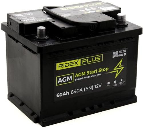 RIDEX PLUS 1S0037P AGM Start-Stop Autobatterie 60Ah 640A 12V Starterbatterie B13 DIN/ISO L2 ersetzt Batterie 55Ah 53Ah
