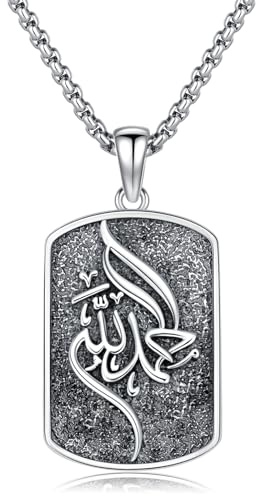 ROMANTICWORK Allah Kette Sterling Silber 925 Islam Kette Muslimische Halskette Arabische Kalligraphie Erkennungsmarke Anhänger Islamischer Schmuck Geschenke für Männer Herren Damen