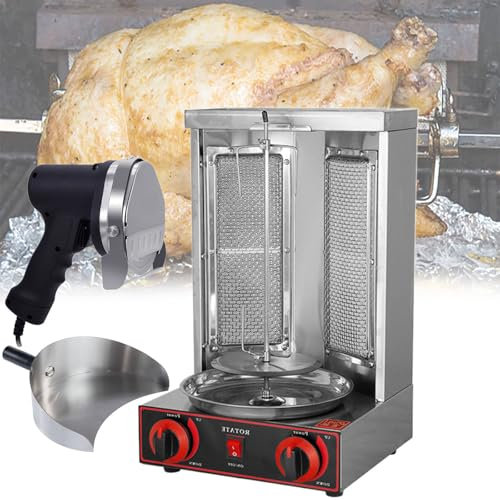 Máquina para Asar, Máquina para Cocinar de Pollo con 2 Quemadores, Asador Vertical a Gas Gyro Rotisserie Oven Doner Kebab Machine, para Fiestas en la Cocina del Restaurante en Casa,Pan+Knife