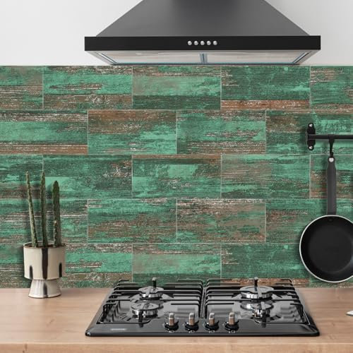 Credence Adhesive Pour Cuisine -Grain De Bois Vert Salle De Bains Et Cuisine Stickers Carrelage, PVC Imperméable Credence Adhesive Décorative à Carreaux,Stickers Auto-Adhésif 48 Pièces(10x20cm)