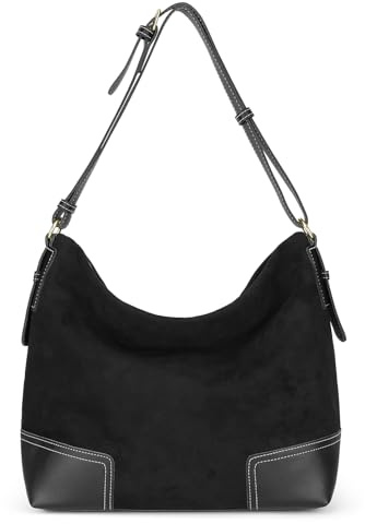 VINBAGGE Damen Handtasche Shopper Groß Hobo Bag Vintage Umhängetasche Gross Suede Tasche Beuteltasche Schultertasche Schule Arbeit für Frauen - Schwarz