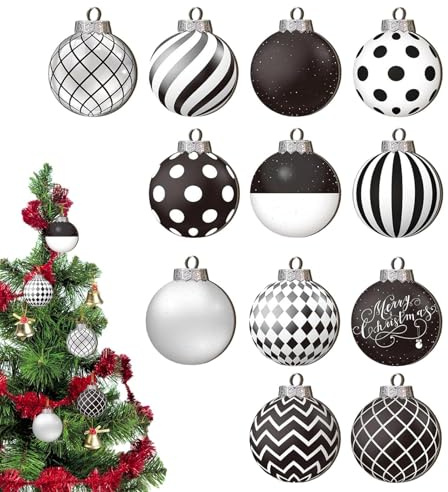Weihnachtskugeln Schwarz Weiß, 12 Stück Christbaumkugeln Schwarz Weiß, 2D Weihnachtskugeln Schwarz aus, Weihnachtsbaum Kugeln Weihnachtsbaumschmuck Für Weihnachtsdeko Innen Aussen