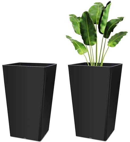 Briwooody Set mit 2 großen konischen Pflanzgefäßen aus Kunstharz mit Drainagelöchern, 40,6 cm, für den Innen- und Außenbereich, groß, modern, für Veranda, Terrasse, Hinterhof, Pflanzen (schwarz)