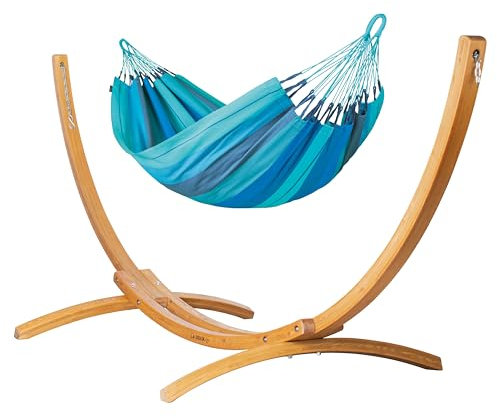 LA SIESTA® Modesta Bio-Baumwoll Hängematte & Holzgestell, Outdoor Indoor Hängematte mit Gestell aus Holz - Hängematte Stoff, Hängemattengestell für Balkon Terrasse Garten - Einzel Hängematten, Lagoon