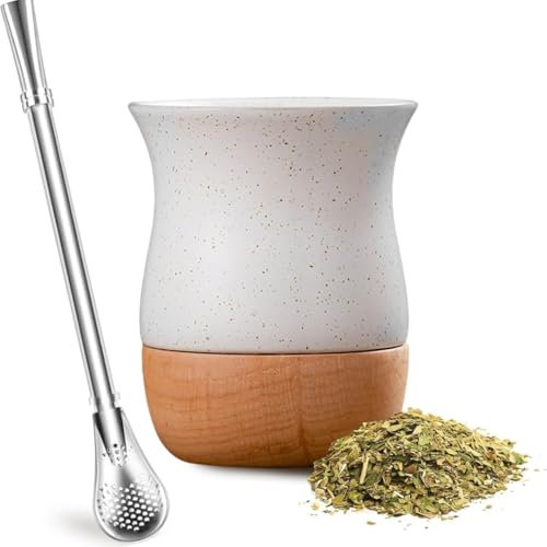 Set Mate de Cerámica y Madera 240 ml – Incluye mate Premium, Bombilla de Acero y Cepillo de Limpieza – Ideal para Preparar Yerba mate con Estilo Moderno y Tradicional