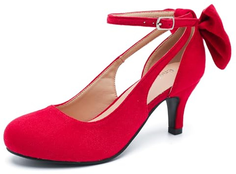 Enelauge Women's Mary Jane Bow Closed Toe Vintage Pumps Low Kitten Heel Retro Ankle Strap Buckle Comfortable Vintage Elegant Wedding Party Dress Shoes Red Suede 43-10US