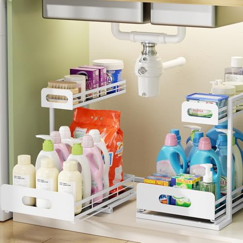 Delamu Metall Küchen Organizer Regal, 2 Stück 2 Ebenen Ausziehbarer Küchenschrank Organizer, Höhenverstellbar Waschbeckenunterschrank Organizer für Küche und Badezimmer, Weiß