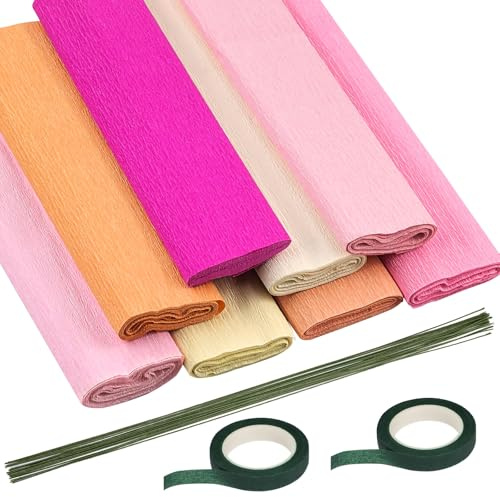 Swpeet 30Pcs 8Colors 9.8 x 98 Inch Crepe Paper Sheets Rolls with Floral Stem Wire and Floral Tape Assortment Kit, 8.2ft Crepe Paper Rolls Flower Arrangement Kit for DIY Craft Party Decoration