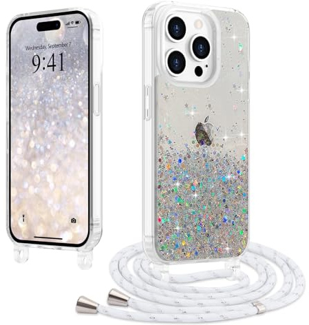 LCHULLE Crossbody Lanyard Case for iPhone 14 Pro Max with Strap, Clear | Adjustable Removable Neck Strap, Sparkle Glitter Phone Cover for Women, Clear TPU Bumper, Shockproof Drop Protection