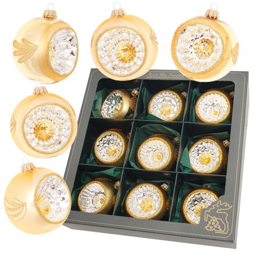 Krebs Glas Lauscha - Weihnachtsdekoration/Christbaumschmuck aus Glas - Reflex Weihnachtsbaumkugeln - Farbe: Gold - 9 Stück - Größe: ca. 8 cm