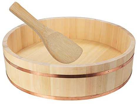 Sushi Rice Mixing Tub, Wooden Hangiri Oke Cooling Bowl with Copper Band, Includes Wooden Spoon, Round Container for Making Sushi and Mixing Rice