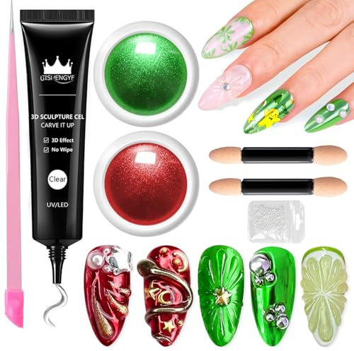 BISHENGY Color Chrome Nail Powder Kit: 2 Farben Rot GrüN Crome Pulver NäGel Und Strassstein Klar 3d Gel Nail Art,3d Gel NäGel Mit Schwammstiften FüR Nagelkunstsalon Heim-Diy