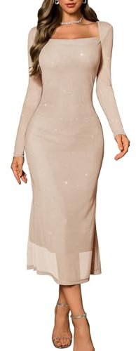 DRESSTELLS Wedding Guest Dresses for Women UK, Sparkly Long Sleeve Aline Square Neck Formal Modest Cocktail Evening Bridesmaid Dress Champagne M