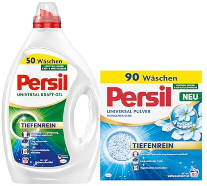 PERSIL Universal Pulver Morgenfrische 90 WL 4,95 kg + Kraft-Gel 50 WL 2,25 l – Extra sauberes Waschmittel Set für weiße & bunte Wäsche