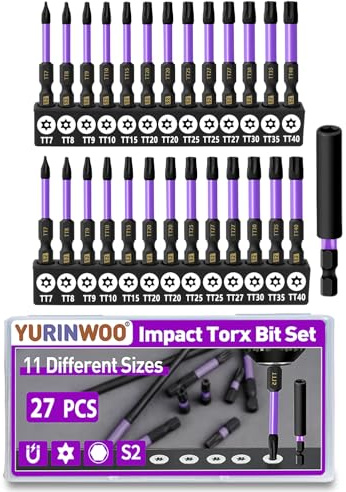 27 st Torx-skruvmejsel stjärnbit, 5 cm lång stjärna magnetisk skruvmejsel bits set, 1/4 tum sexkantsskaft S2 stål manipuleringssäker torxbit med 5,8 cm magnetisk förlängningsbithållare och
