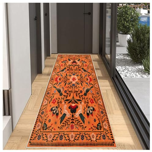 BORKYO Tappeto Corridoio Antiscivolo Lavabile 50x200cm Arancione con Fiori Morbido Passatoia Cucina Vintage Tappeto Runner per Ingresso e Lavanderia Camera Soggiorno Scendiletto