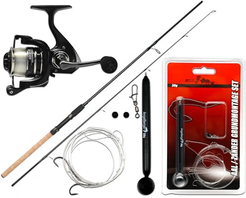 Angel Berger Steck Angelset Aal Zander Grundmontage Rute Rolle mit Angelzubehör Ready2Fish Angel Set Aal Zander Fishing Set EEL Pike Perch Wurm Dead Bait Grundangel Aalangeln Zanderangeln