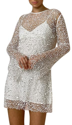 Damen Glitzer Kleid Pailletten Durchsichtige Netz Abendkleider Elegant Lässig Casual Party Festivaloutfit Glitzerkleid Festliches Party Glitzer Karneval Paillettenkleid Weihnachten (White, M)