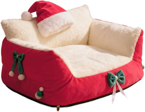 Kattsoffa - Julhattformad stol, kennel i mjuk lammskinn for små hundar, mjuk PP-bomull med mysig design, bekväm(Red,M)