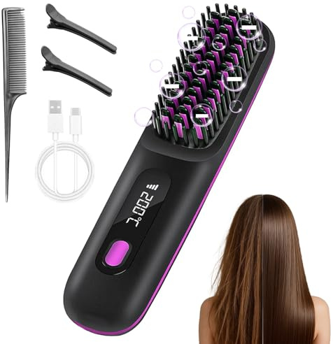 4 in 1 Glättbürste Kabellos, Tragbare Haarbürste Elektrisch, Haarglätter Bürste mit 4 Wärmestufen, Wiederaufladbar Hair Straightener, Stylingbürste für Langes Kurze Haare Reisen und Täglichen Gebrauch
