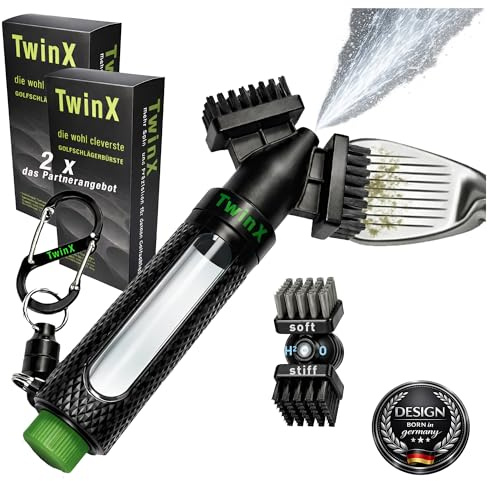 TwinX Cepillo de golf prémium con depósito de agua y función de pulverización, sistema de cerdas duales para todos los palos de golf, cepillo para limpieza de palos de golf CaddieMag y mosquetón para