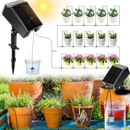 Nikou Système d'irrigation Solaire, Kit Arrosage Automatique Solaire avec Minuterie et 15M Tuyau, Arrosage Goutte à Goutte, pour Jardin, Balcon Plantes, Plantes en Pot en Plein