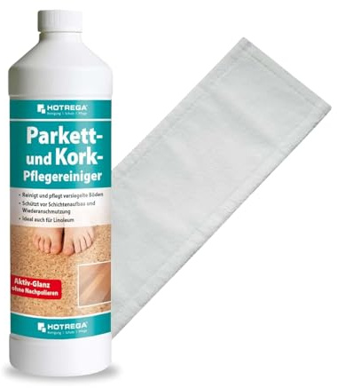 HOTREGA Parkettreiniger und Kork-Pflegereiniger 1 Liter Konzentrat | Reinigt, pflegt & schütz vor Wiederanschmutzung | inkl. Microfasermopp 40 cm
