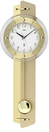 AMS. Pendelwanduhr 5267, Funk, Gold, Holzgehäuse mit Messing-Applikation, Mineralglas, made in Germany