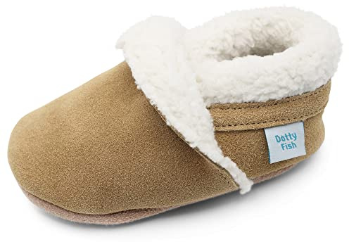 Dotty Fish Barfuß-Hausschuhe aus Wildleder für Babys und kinder – Fleecegefütterte Winterhausschuhe für Jungen und Mädchen. Rutschfeste Sohle, von Podologen empfohlen – Hellbraun 3-4 Jahre