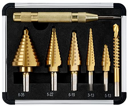 flintronic Punte Coniche, Fresa Conica Trapano a Gradini,5 Punte in Titanio con Gambo Cambio Rapido HEX ad Alta Velocità e 1 Punzone Centrale Automatico con Custodia Adattabile a Avvitatore