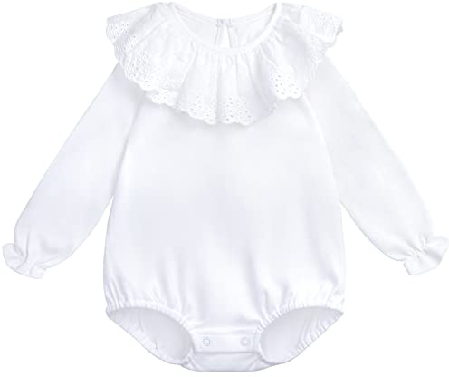 Bebé Niña Body de Manga Larga 100% Algodón Camisa de Manga Larga con Cuello con Volantes Cuello de Muñeca Bebé de Moda Suave Lindo - Liso Blanco Talla 03M