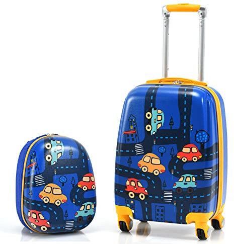 DREAMADE Kinderkoffer Jungen mit Rucksack 18+12, 2 TLG. Kinderkoffer Set, Kindergepäck Trolley, Kindertrolley Jungen & Mädchen, Reisetrolley mit Rollen (Dunkelblau-Auto, 18 Zoll + 12 Zoll)