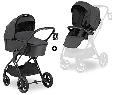 hauck 2 in 1 Kinderwagenset Vision X Set ab Geburt bis 22 kg mit Babywanne, wendbaren Sportsitz mit Beindecke und Liegefunktion, UPF 50+, Gummiräder, Getränkehalter, Zusammenklappbar (Melange Black)