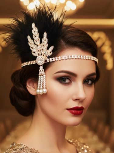 Gortin 1920's Flapper Feather Headband Art Deco Great Gatsby Headpiece Inspired Leaf Medallion Pearl Headband Bride Wedding Headdress Rhinestones Flapper Feather Hair Accessory for Women and Girls