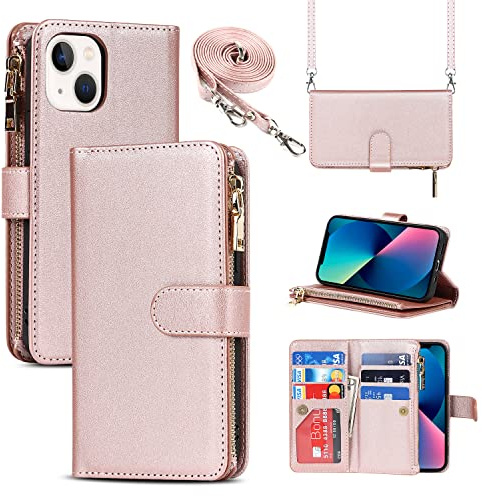 Cavor Cover Compatibile Con iPhone 13 Mini con Cordino,Flip Portafoglio Custodia in pelle,[9 Porta Carte][Magnetico],Custodia Libro Cover con Laccio Compatibile Con iPhone 13 Mini - Oro rosa