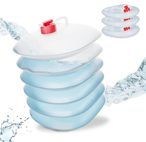 Relaxdays Faltkanister 4er Set, 10 Liter, faltbare Wasserkanister mit Hahn, BPA-frei, Plastikkanister, transparent/rot