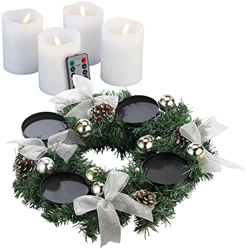 Britesta Weihnachtskranz Deko: Adventskranz mit silberfarbenem Schmuck, inkl. LED-Kerzen in weiß (Adventskranz Weihnachtszeit, klassisch, Weihnachten)