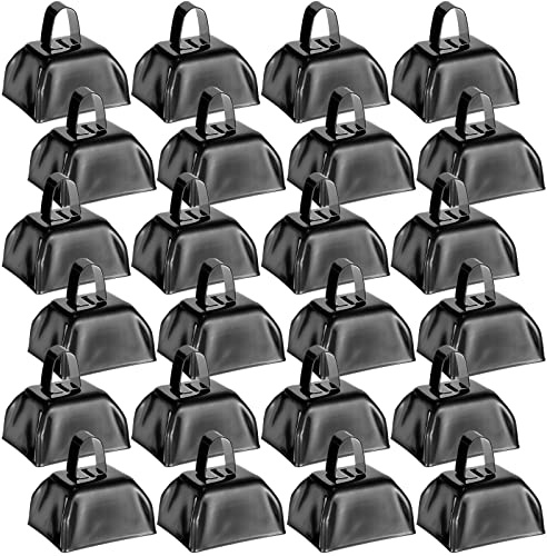 Yeshone 24 Pcs Metal Cowbell with Handle Cow Bells Noise Makers for Sporting Events Small Loud Noisemaker Cow Bell for Wedding Cheering Football Games, 3 x 2.8 x 2.5 Inch(Black)