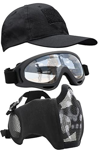 Yzpacc Airsoft Half Face Mask with Goggles& Patch Hat Set, Tactical Masks Full Face Ear Protective Baseball Cap for CS Halloween and Game (WB, 3PCS)
