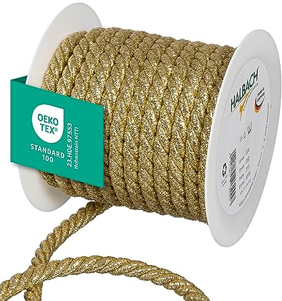 Halbach Seidenbänder Cordón Dorado Premium, Ancho: 10 mm, Longitud: 10 m, cordón para decoración, Cuerda Dorada para Manualidades y envoltorios de Regalo, Color: Dorado