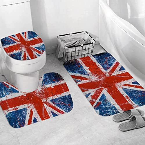 JIFOME Badteppich 3 Stück Weiche saugfähige Badematten,Retro Die Gewerkschaftsflagge des britischen Union Jack Red Navy Blue,rutschfeste Badematte Teppiche & Toilettendeckelabdeckung Set Waschbar