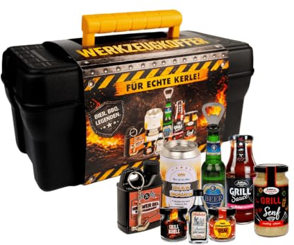 Werkzeugkoffer mit Kanister, Grillsauce, Senf, Schnaps und Zubehör