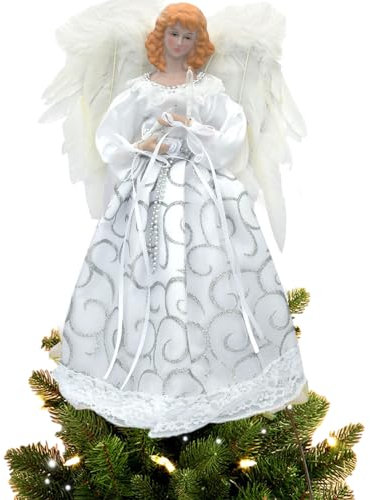 Puntale per Albero di Natale con Angelo, Statuetta con Angelo di Natale, Decorazione Natalizia per Interni con Ali di Piume, 12,6 Pollici (Argento)