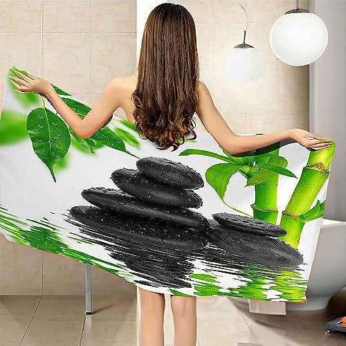 Beach Towel - 80 X 160 Cm Large Microfibre Beach Towels For Adults - Quick Dry And Sand Free - Lightweight And Compact Beach Towels For Travel, Swimming, Holiday - Black Pebble Bamboo Leaves -4D9U