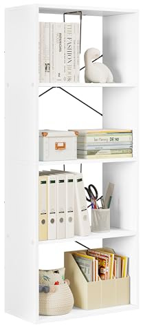 WOLTU Bücherregal mit 4 Ebenen für Wohnzimmer Schlafzimmer Büro, Standregal mit Kippschutz, als Vitrine Aktenschrank DVD-Regal, 60x149x30 cm, aus Holzwerkstoff, weiß