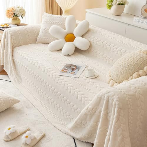 Ayoiow Bezug für Sofa Sofahusse Weiß Bezug Sofa 4 Sitzer Plüsch Einfarbig Mit Blättermuster